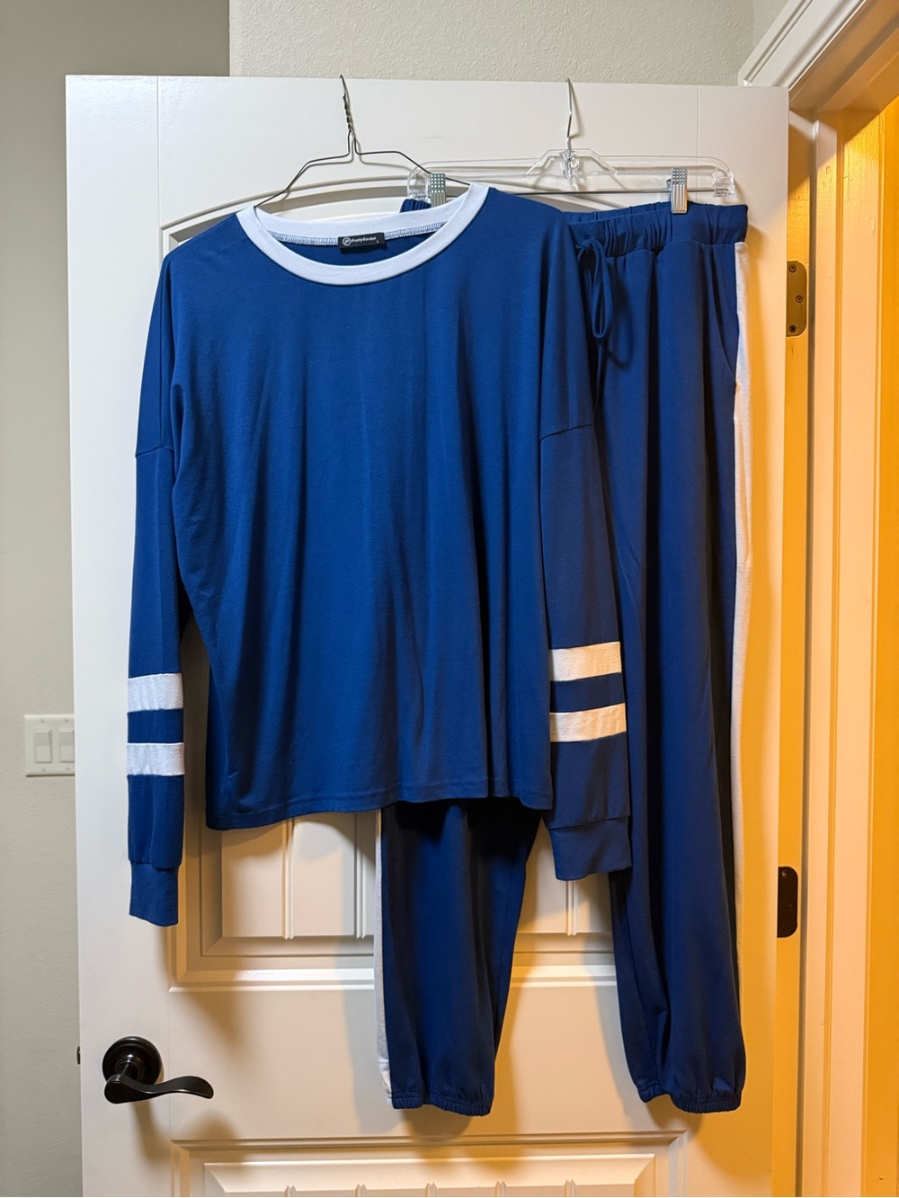 Women’s Navy Blue Track Jogger Set with White Stripe Accents